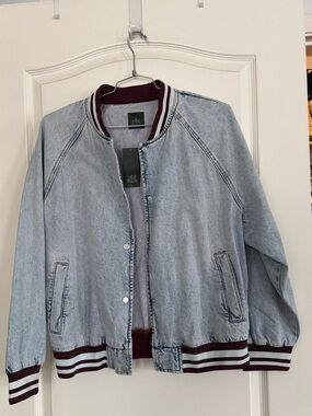 wild fable Light Wash Denim Bomber Jacket with Burgundy Trim